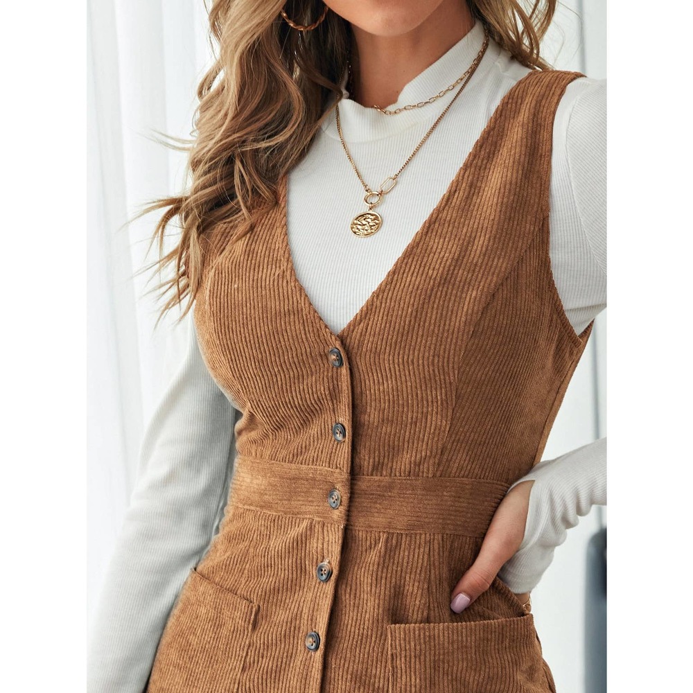 Button down Corduroy Overall mini tank Dress (without shirt) tan camel - Picture 3 of 11